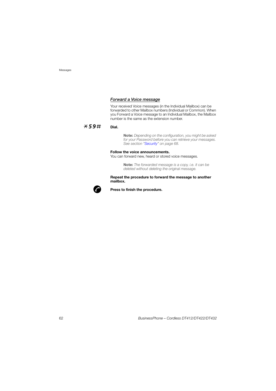 Forward a voice message, Section | AASTRA DT4x2 for BusinessPhone User Guide EN User Manual | Page 62 / 130
