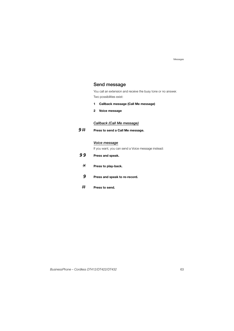 Send message, Callback (call me message), Voice message | AASTRA DT4x2 for BusinessPhone User Guide EN User Manual | Page 63 / 130
