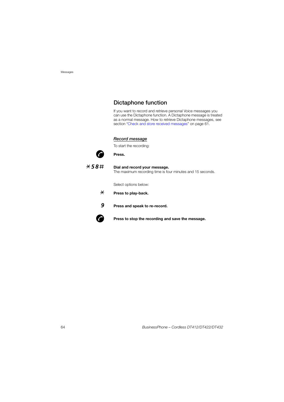 Dictaphone function, Record message | AASTRA DT4x2 for BusinessPhone User Guide EN User Manual | Page 64 / 130
