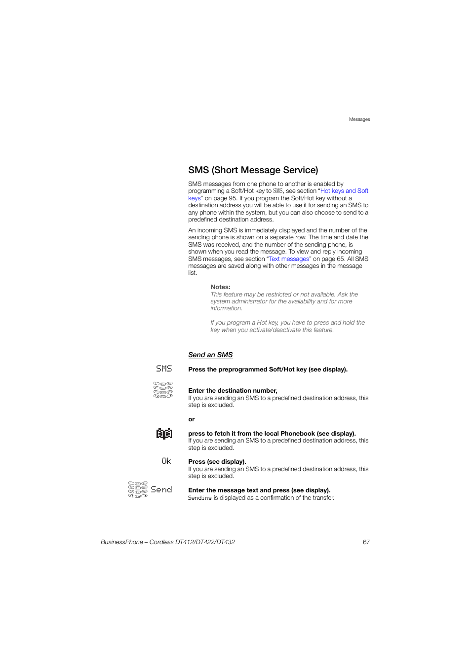 Sms (short message service), Send an sms, Sms (short message | Service) | AASTRA DT4x2 for BusinessPhone User Guide EN User Manual | Page 67 / 130