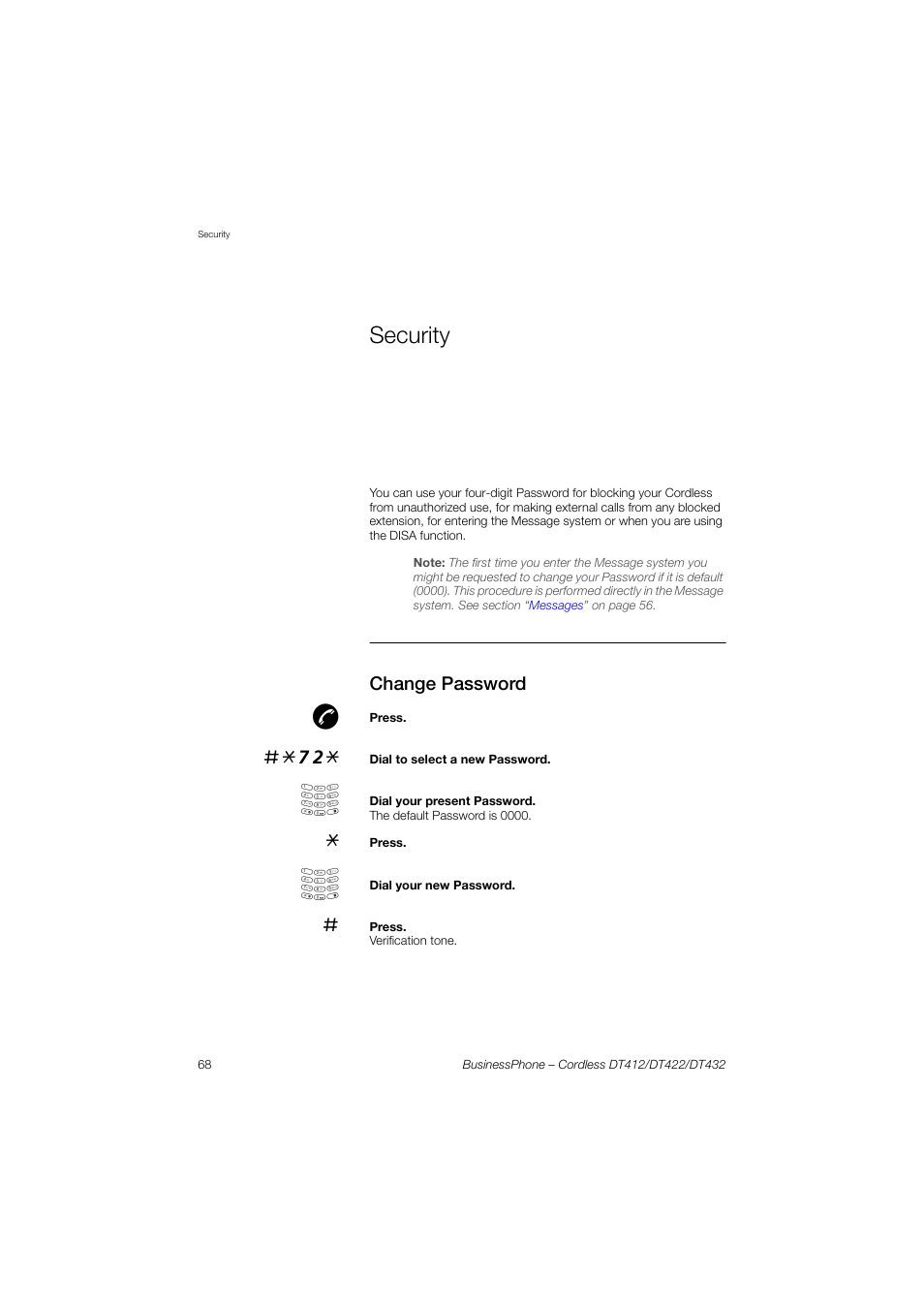 Security, Change password, Section | Change, Password, Ction | AASTRA DT4x2 for BusinessPhone User Guide EN User Manual | Page 68 / 130
