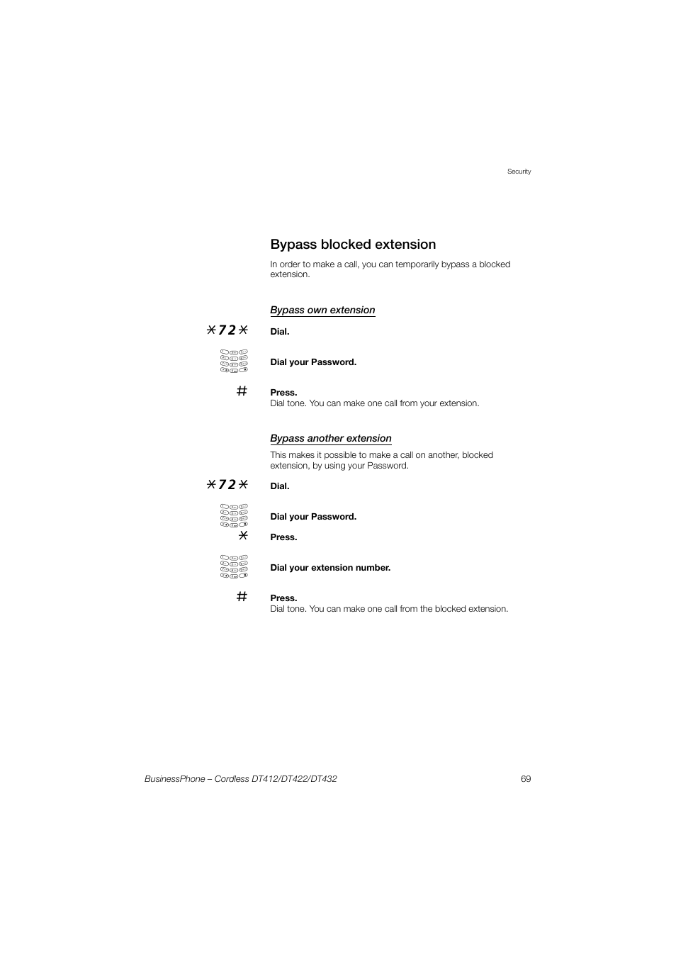 Bypass blocked extension, Bypass own extension, Bypass another extension | AASTRA DT4x2 for BusinessPhone User Guide EN User Manual | Page 69 / 130