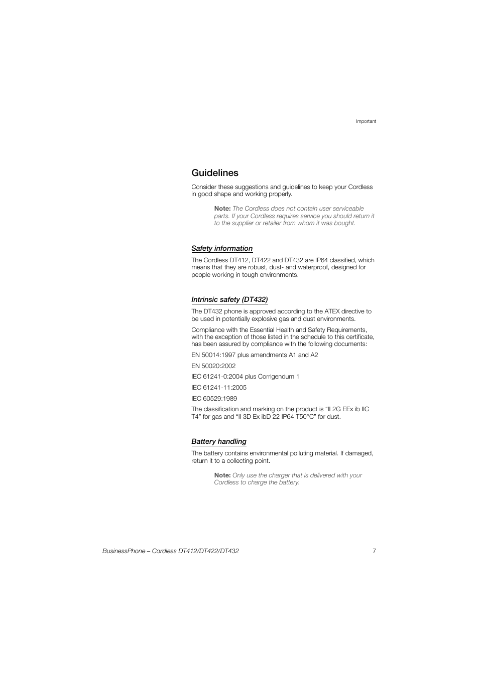 Guidelines, Safety information, Intrinsic safety (dt432) | Battery handling | AASTRA DT4x2 for BusinessPhone User Guide EN User Manual | Page 7 / 130