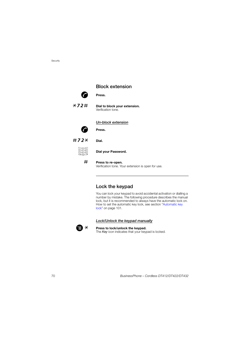 Block extension, Un-block extension, Lock the keypad | Lock/unlock the keypad manually | AASTRA DT4x2 for BusinessPhone User Guide EN User Manual | Page 70 / 130
