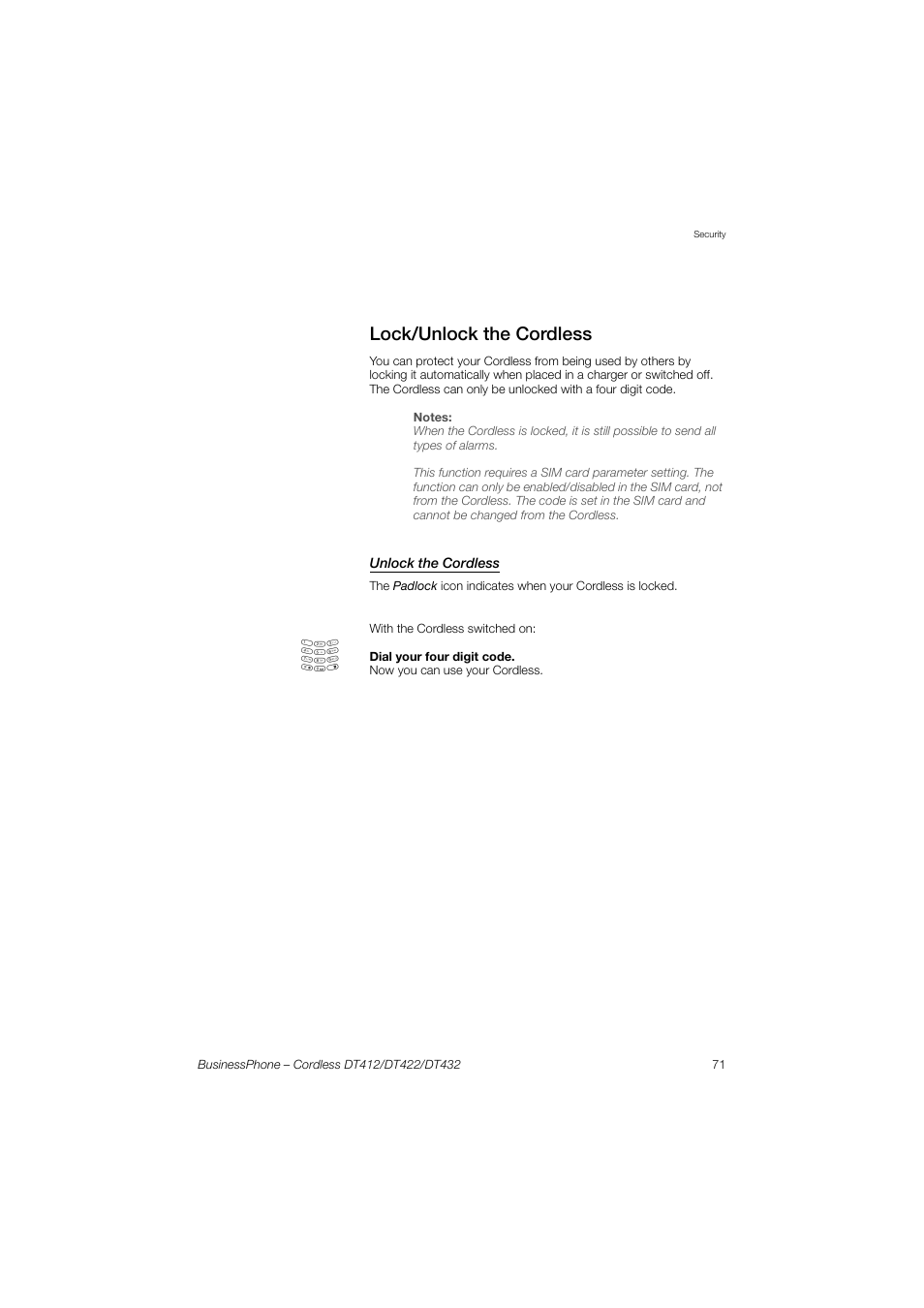 Lock/unlock the cordless, Unlock the cordless, Ection | Lock | AASTRA DT4x2 for BusinessPhone User Guide EN User Manual | Page 71 / 130