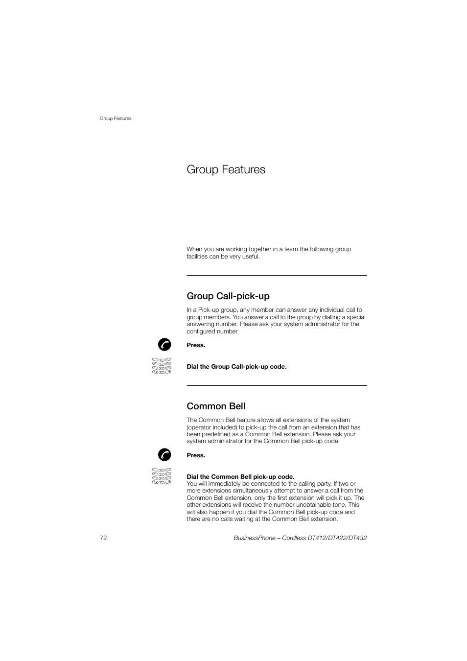 Group features, Group call-pick-up, Common bell | AASTRA DT4x2 for BusinessPhone User Guide EN User Manual | Page 72 / 130