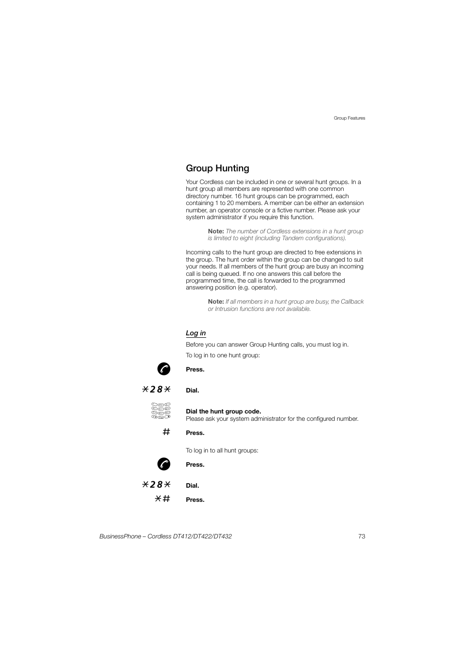 Group hunting, Log in | AASTRA DT4x2 for BusinessPhone User Guide EN User Manual | Page 73 / 130