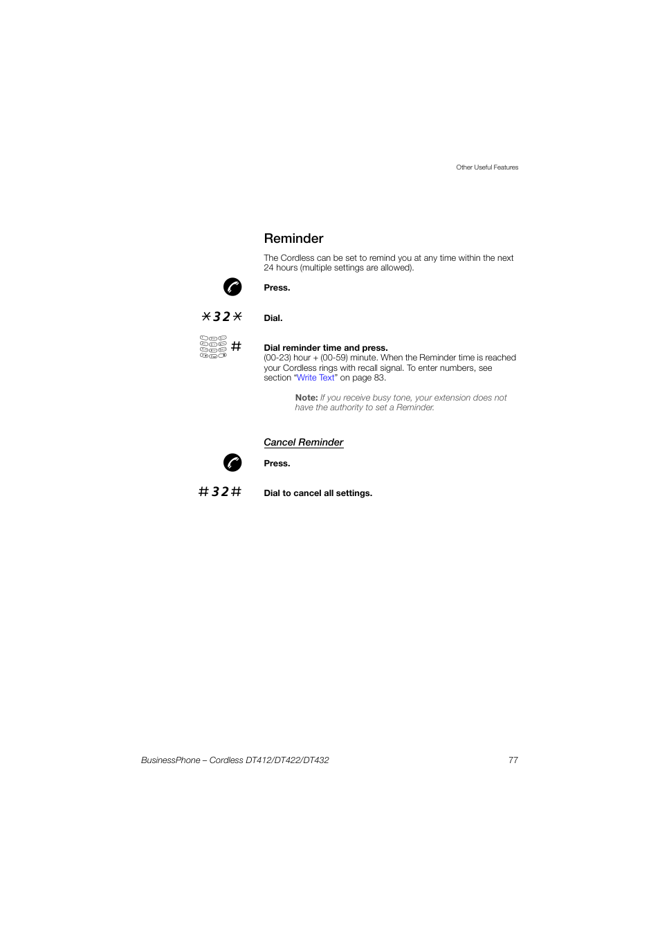 Reminder, Cancel reminder | AASTRA DT4x2 for BusinessPhone User Guide EN User Manual | Page 77 / 130