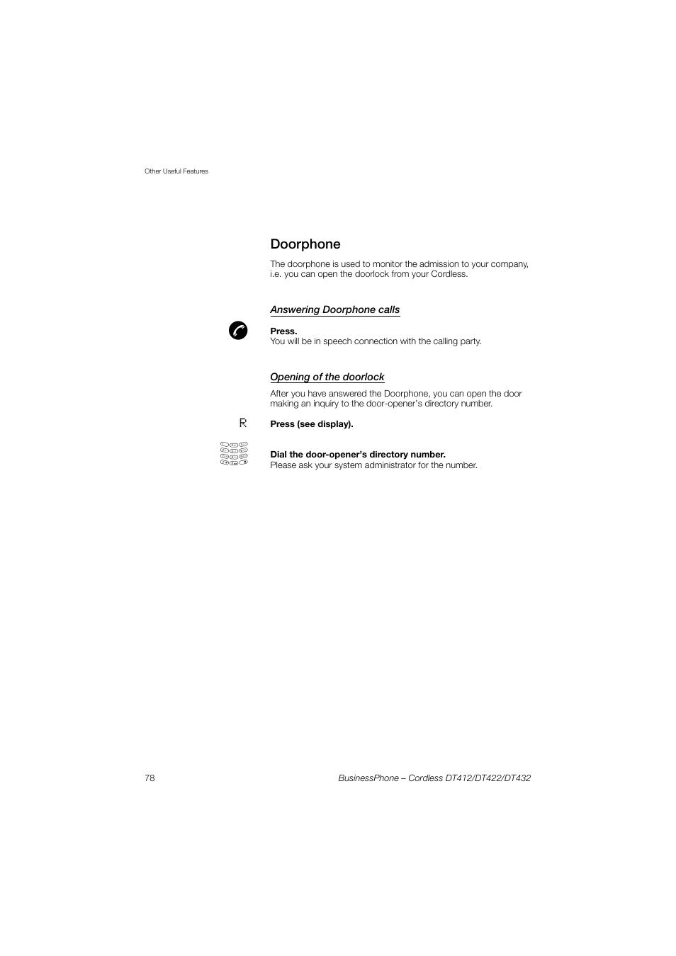 Doorphone, Answering doorphone calls, Opening of the doorlock | AASTRA DT4x2 for BusinessPhone User Guide EN User Manual | Page 78 / 130