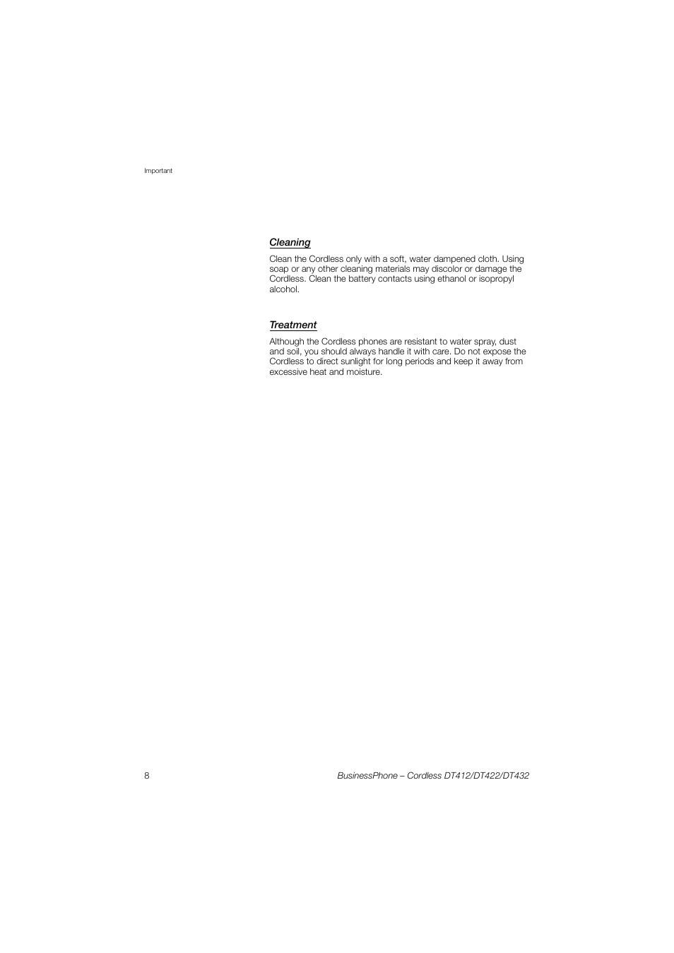 Cleaning, Treatment | AASTRA DT4x2 for BusinessPhone User Guide EN User Manual | Page 8 / 130