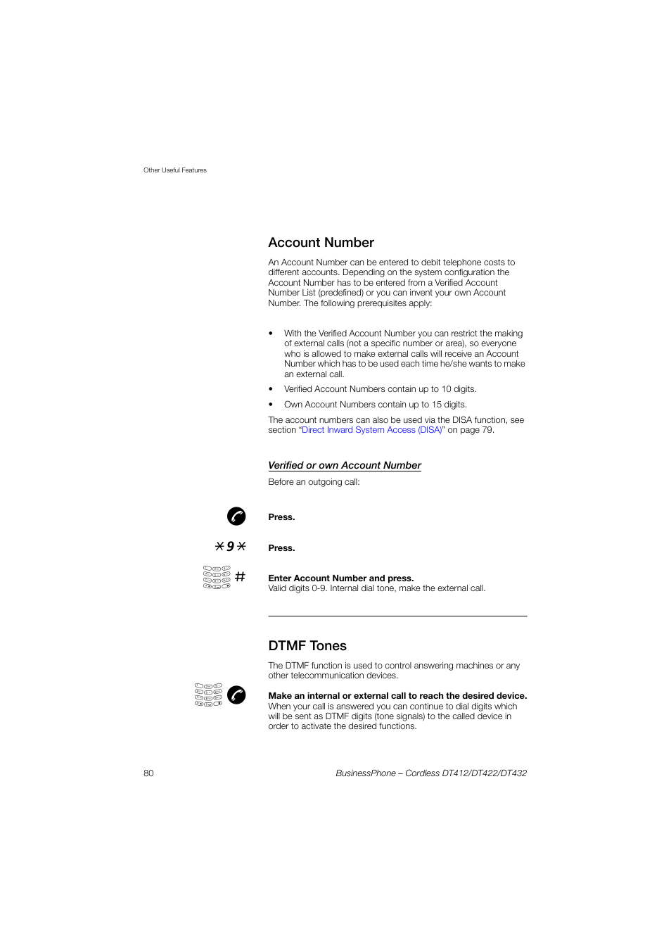 Account number, Verified or own account number, Dtmf tones | Account, Number | AASTRA DT4x2 for BusinessPhone User Guide EN User Manual | Page 80 / 130