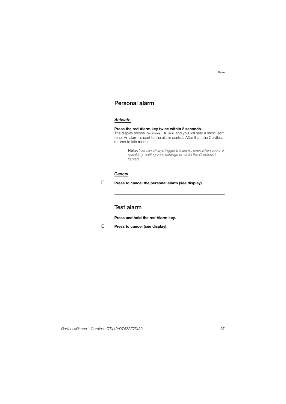 Personal alarm, Activate, Cancel | Test alarm | AASTRA DT4x2 for BusinessPhone User Guide EN User Manual | Page 87 / 130