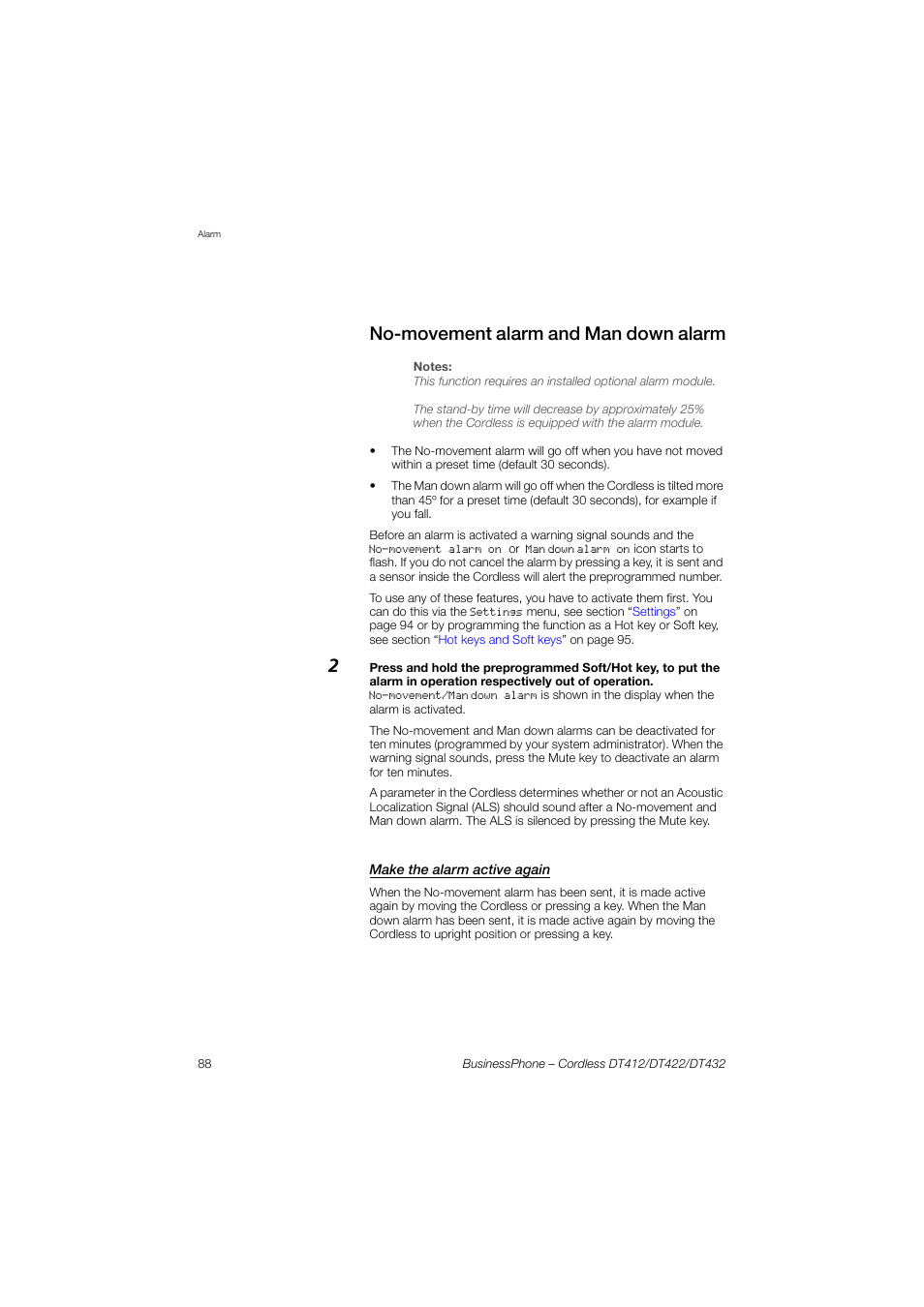 No-movement alarm and man down alarm, Make the alarm active again | AASTRA DT4x2 for BusinessPhone User Guide EN User Manual | Page 88 / 130