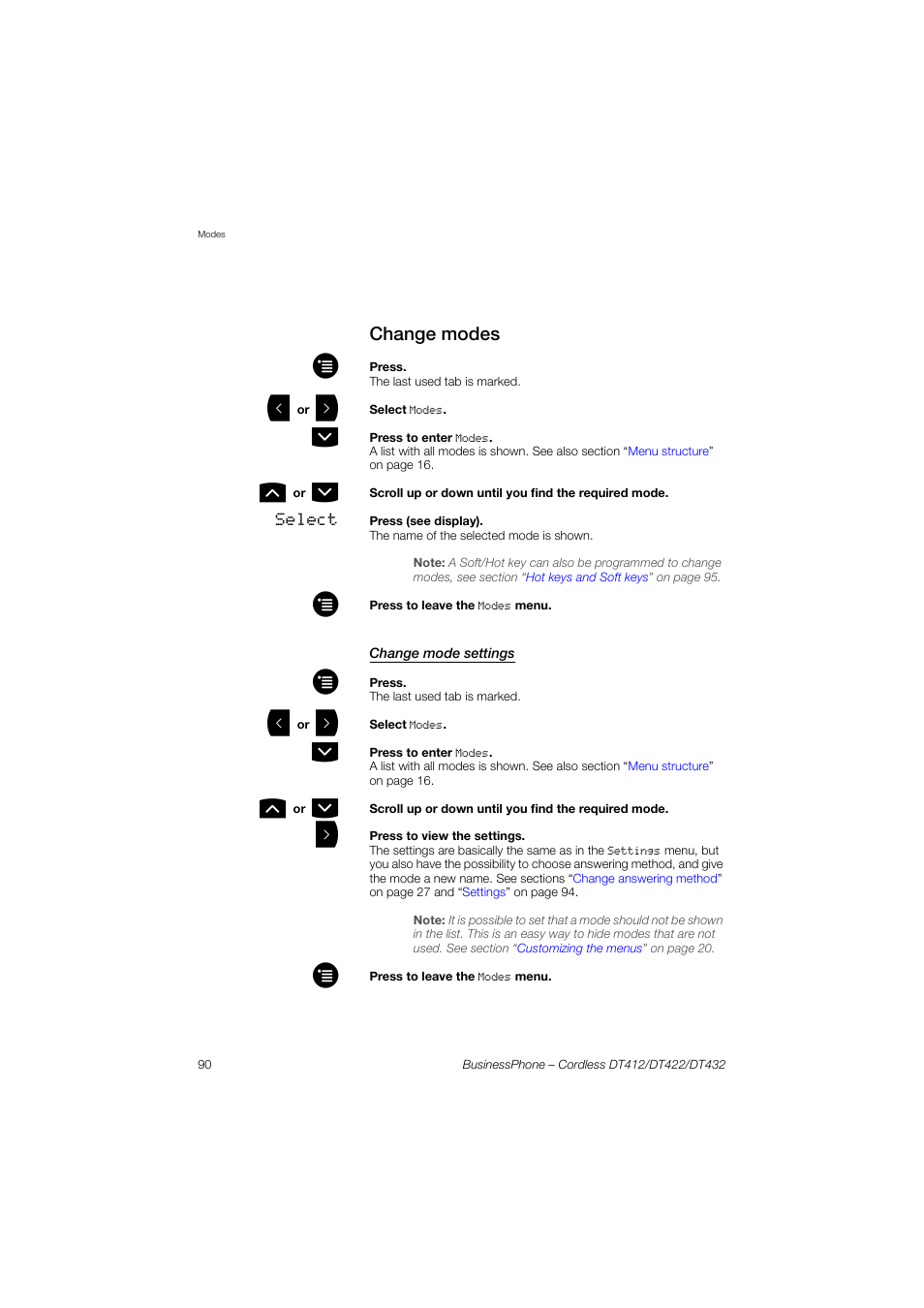 Change modes, Change mode settings | AASTRA DT4x2 for BusinessPhone User Guide EN User Manual | Page 90 / 130