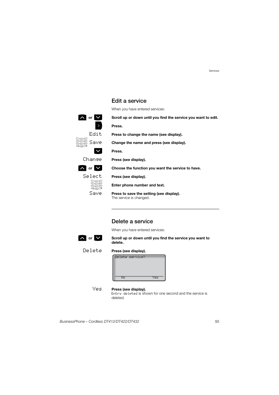 Edit a service, Delete a service | AASTRA DT4x2 for BusinessPhone User Guide EN User Manual | Page 93 / 130