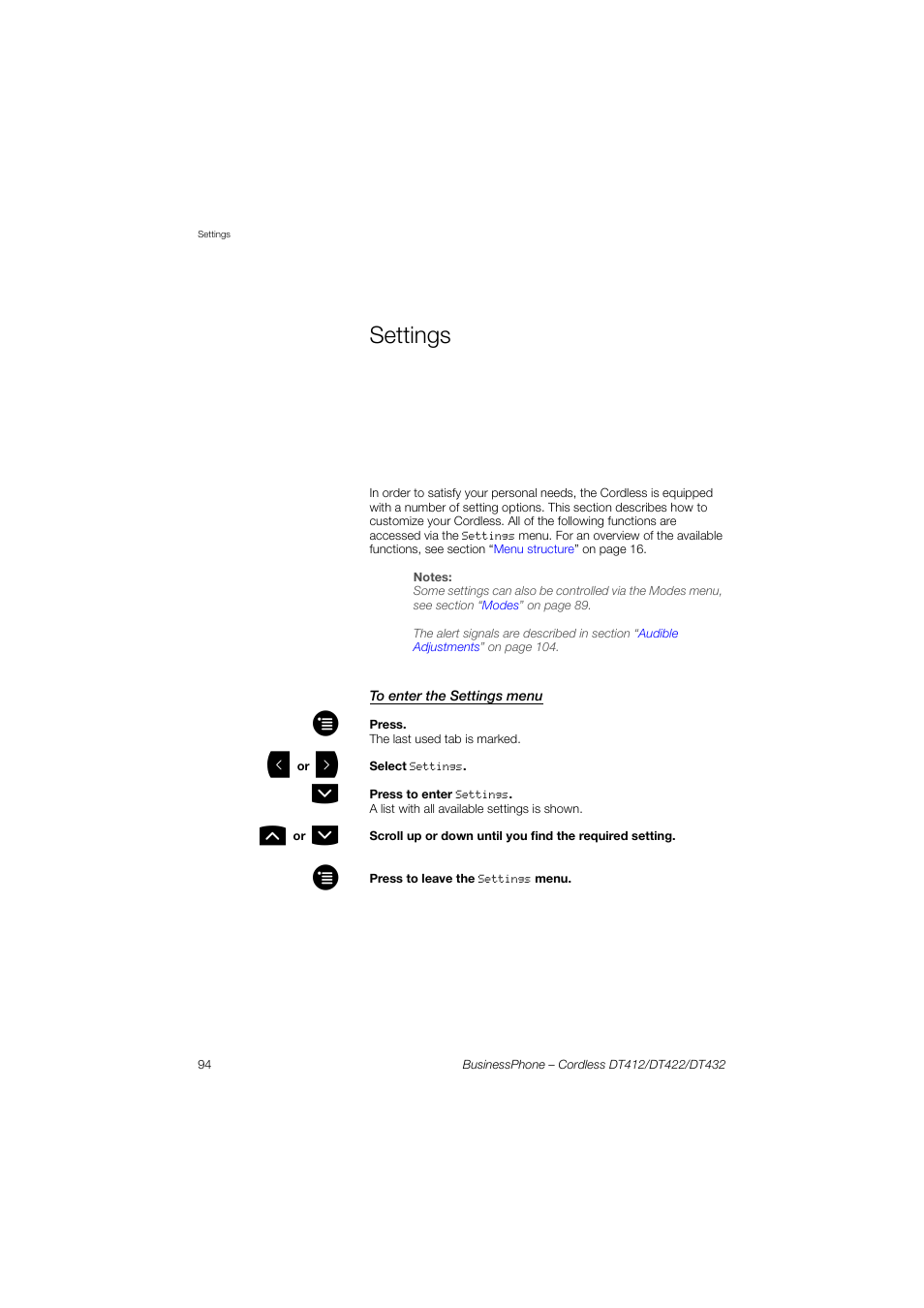 Settings, To enter the settings menu, Ction | AASTRA DT4x2 for BusinessPhone User Guide EN User Manual | Page 94 / 130