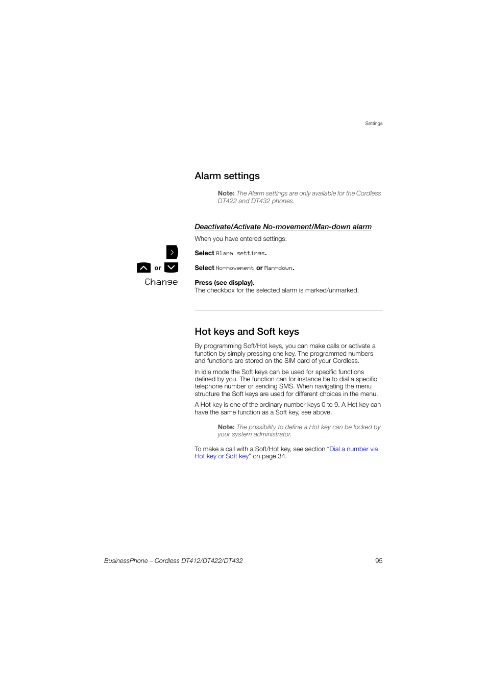 Alarm settings, Deactivate/activate no-movement/man-down alarm, Hot keys and soft keys | Section, Ection, Hot keys and soft, Keys | AASTRA DT4x2 for BusinessPhone User Guide EN User Manual | Page 95 / 130
