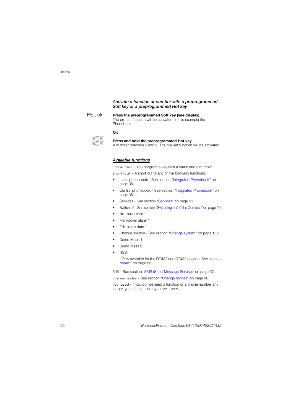 Available functions | AASTRA DT4x2 for BusinessPhone User Guide EN User Manual | Page 96 / 130