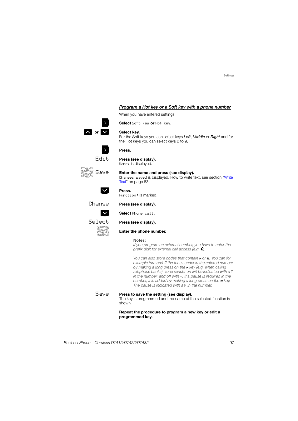 Ection, Program, A hot key or a soft key with a phone number | AASTRA DT4x2 for BusinessPhone User Guide EN User Manual | Page 97 / 130