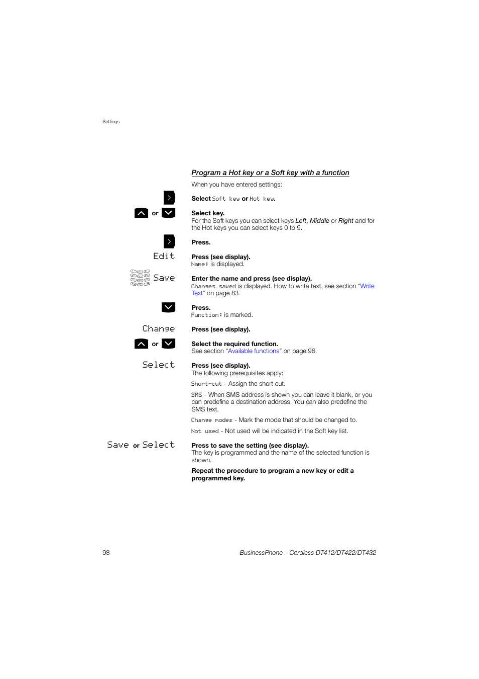 Program a hot key or a soft key with a function | AASTRA DT4x2 for BusinessPhone User Guide EN User Manual | Page 98 / 130