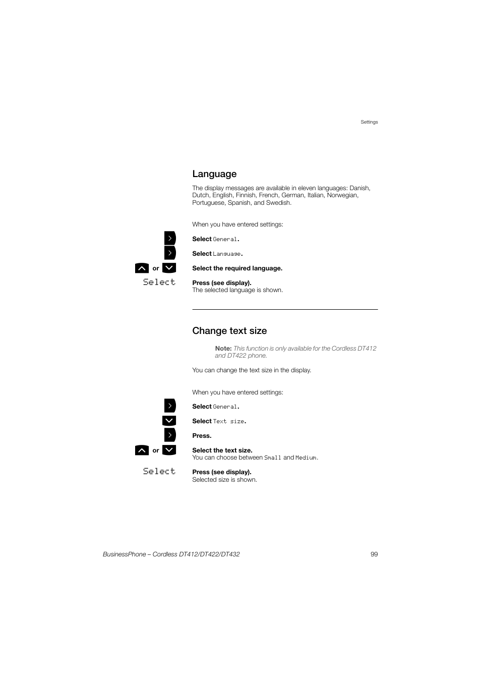 Language, Change text size | AASTRA DT4x2 for BusinessPhone User Guide EN User Manual | Page 99 / 130