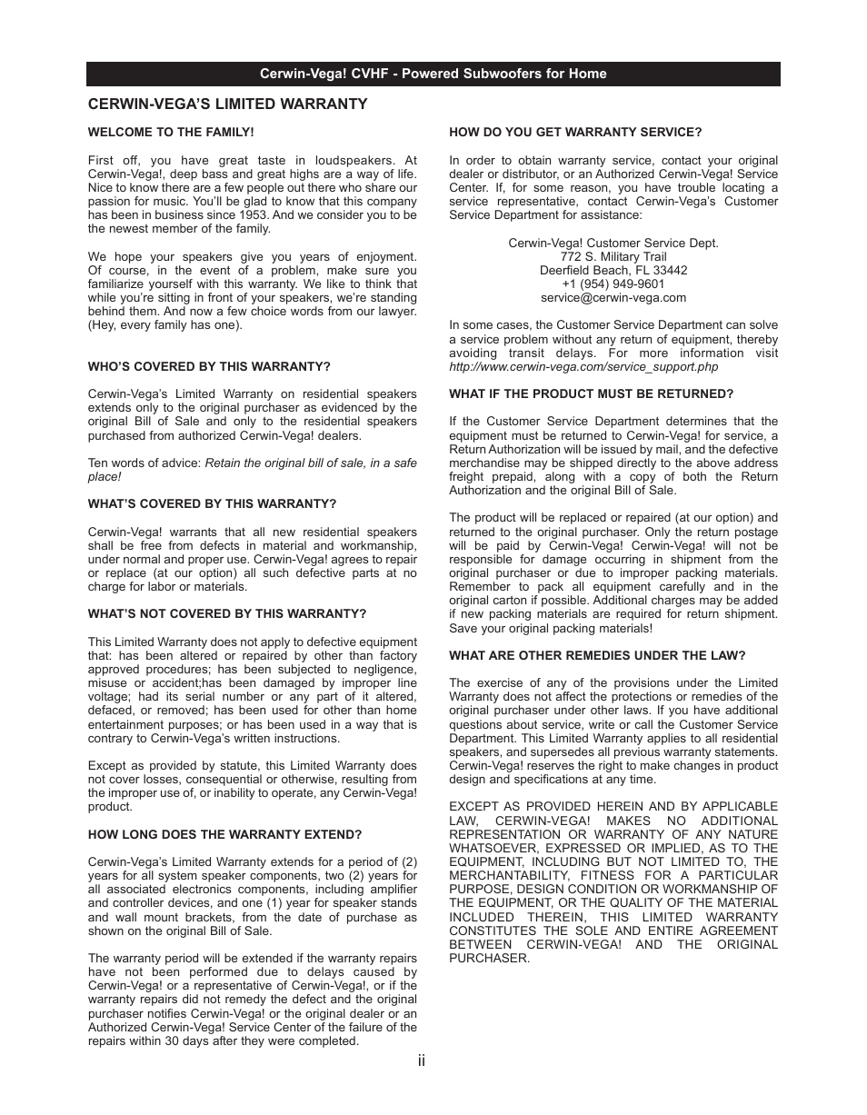 Cerwin-vega’s limited warranty | Cerwin-Vega CVHF-A18S Manual User Manual | Page 2 / 12