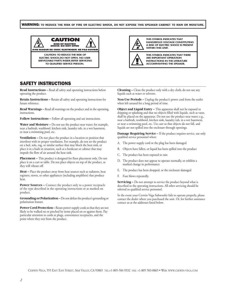 Safety instructions | Cerwin-Vega CLASSIC Series Manual User Manual | Page 2 / 8