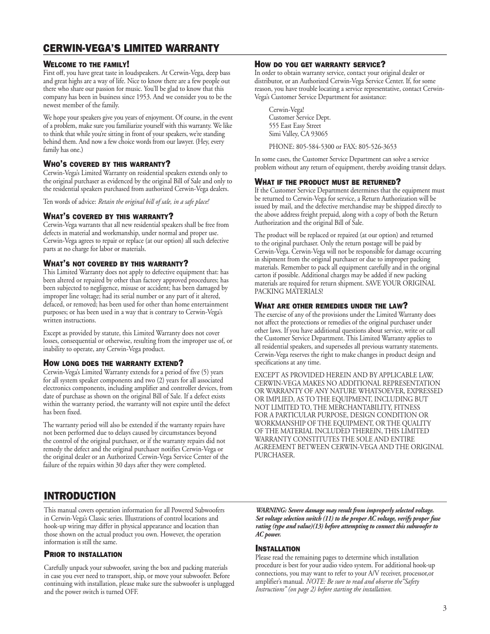 Cerwin-vega’s limited warranty, Introduction | Cerwin-Vega CLASSIC Series Manual User Manual | Page 3 / 8