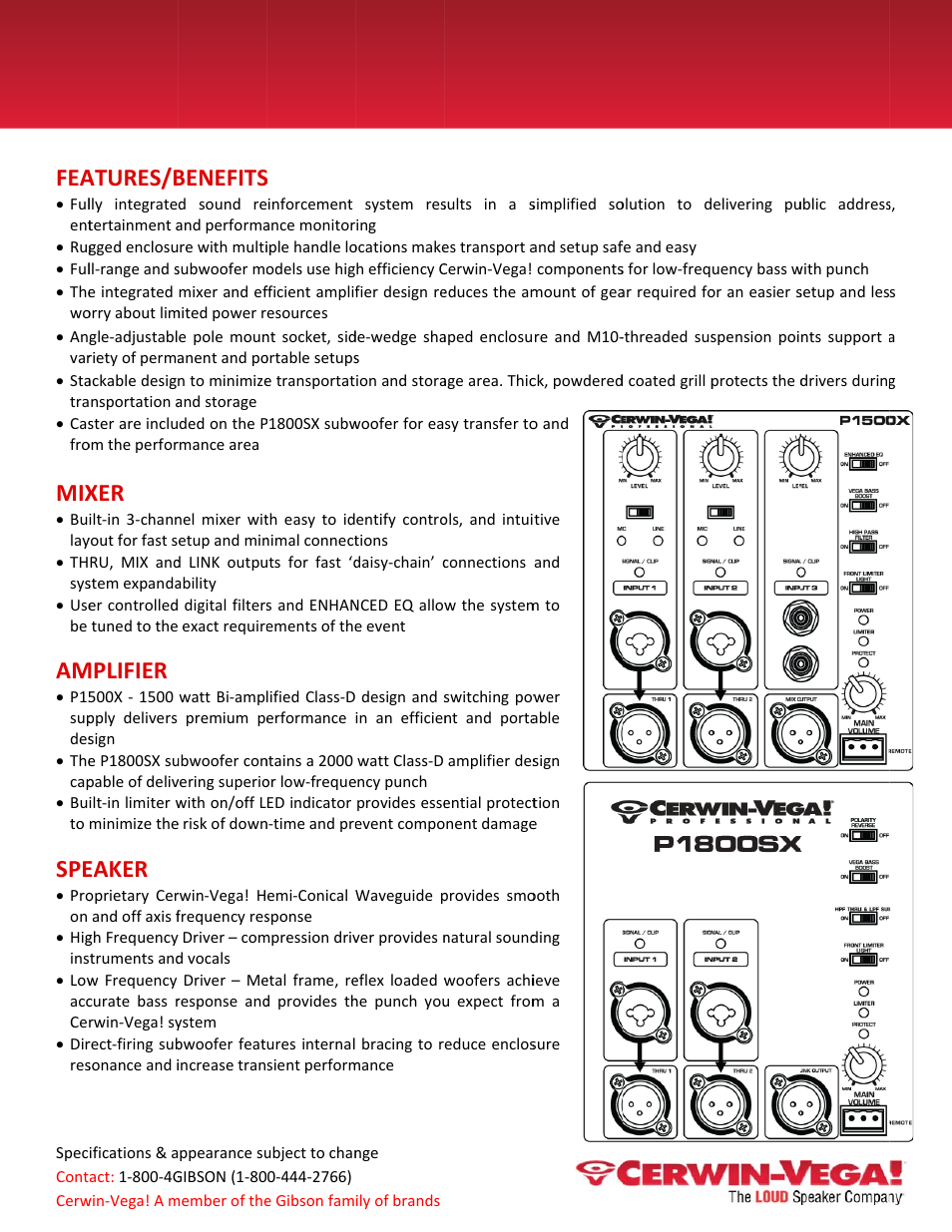 Erwi, N-ve, Serie | Atures/b, Mplifier, Eaker, Benefits | Cerwin-Vega P1800SX Cutsheet User Manual | Page 2 / 4