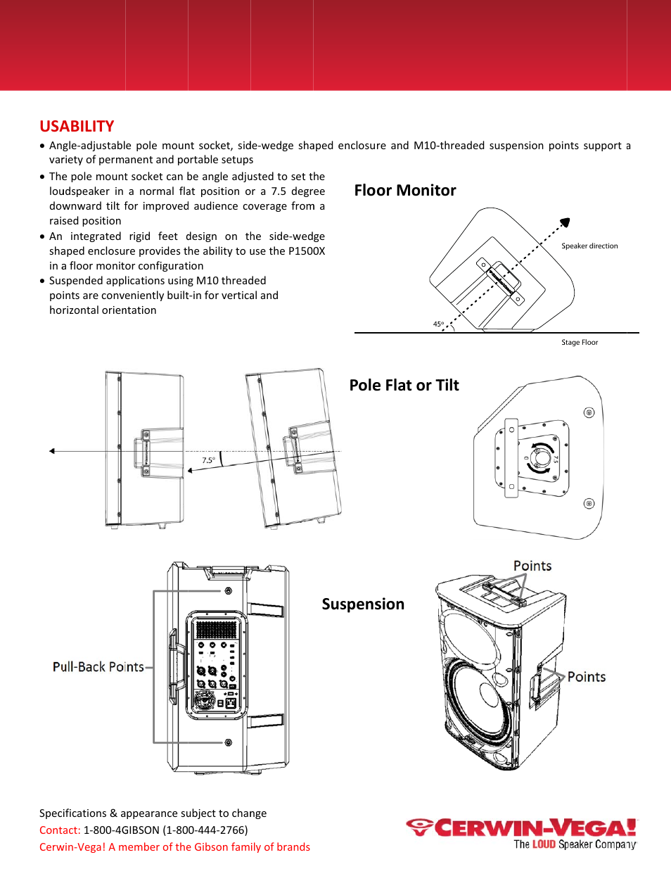 Ability, Flo pole suspens, Or monit e flat or t sion | Tilt | Cerwin-Vega P1800SX Cutsheet User Manual | Page 3 / 4