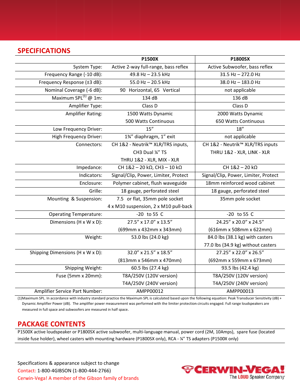 Cerw, Erwi, Win-v | N-ve, Vega, A! p, Seri serie, Ecificati, Ckage co, Ontents | Cerwin-Vega P1800SX Cutsheet User Manual | Page 4 / 4