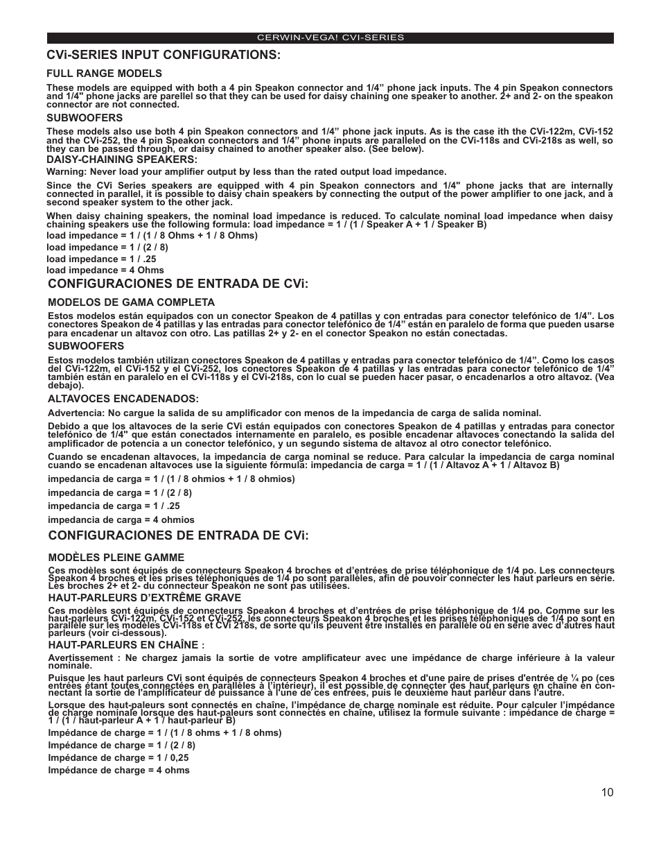 Cvi-series input configurations, Configuraciones de entrada de cvi | Cerwin-Vega CVi Series Manual multi User Manual | Page 11 / 12