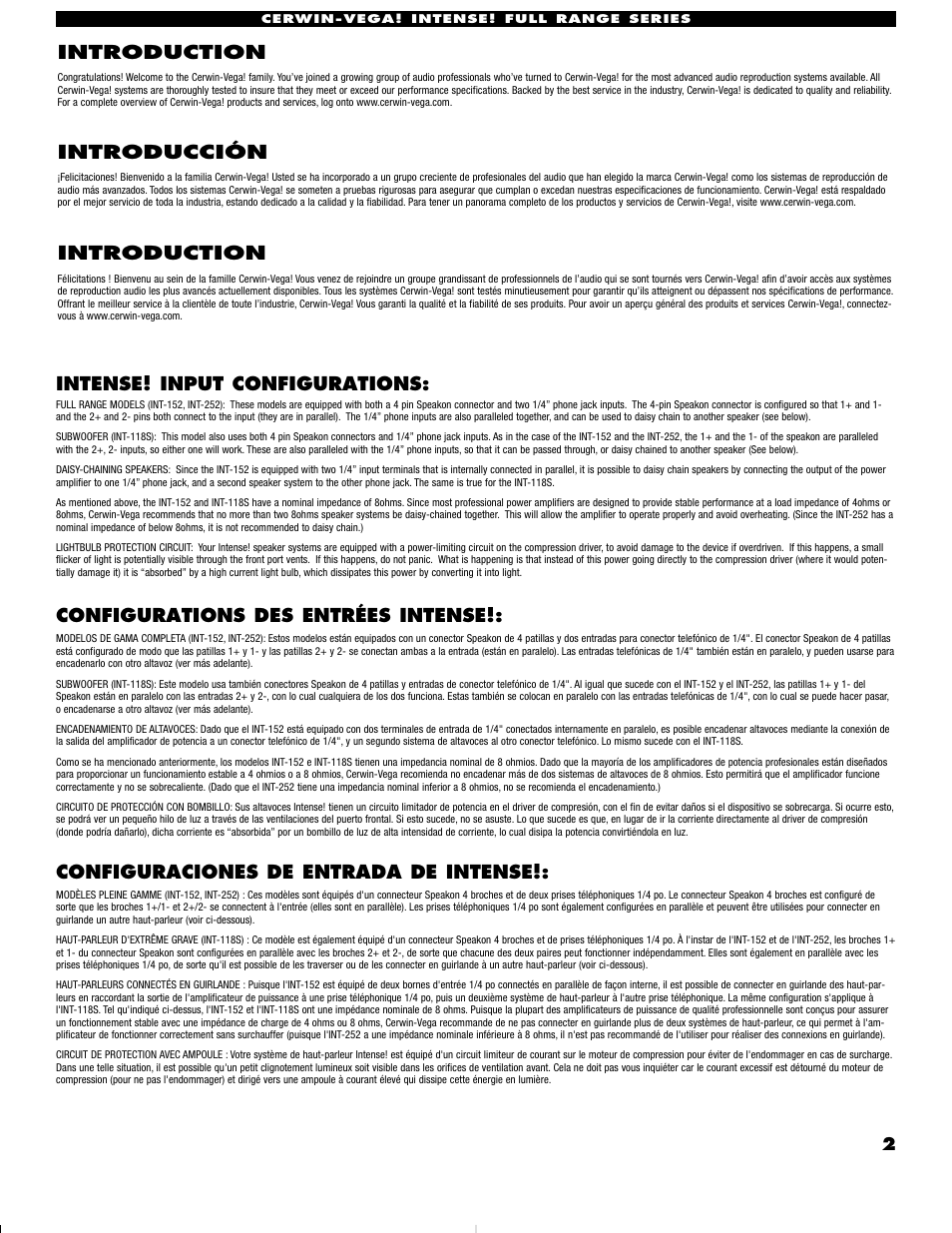 Introduction, Introducción | Cerwin-Vega iNTENSE Series Manual multi User Manual | Page 3 / 4