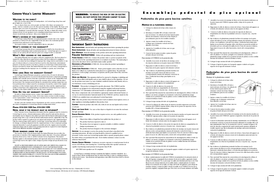 Pedestales de piso para bocina de canal central, Pedestales de piso para bocina satelites, Mportant | Afety, Nstructions, Warning | Cerwin-Vega CVHD 2.1 Manual multi User Manual | Page 2 / 6