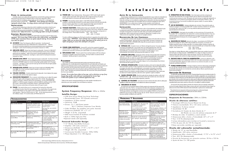 Especificaciones, Diseño del subwoofer autoalimentado, Specifications system frequency response | Cerwin-Vega CVHD 2.1 Manual multi User Manual | Page 4 / 6