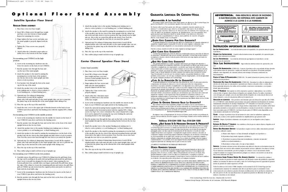 Center channel speaker floor stand, Satellite speaker floor stand, Bienvenido a la familia | Nstrucción importante de seguridad, Advertencia | Cerwin-Vega CVHD 2.1 Manual multi User Manual | Page 6 / 6