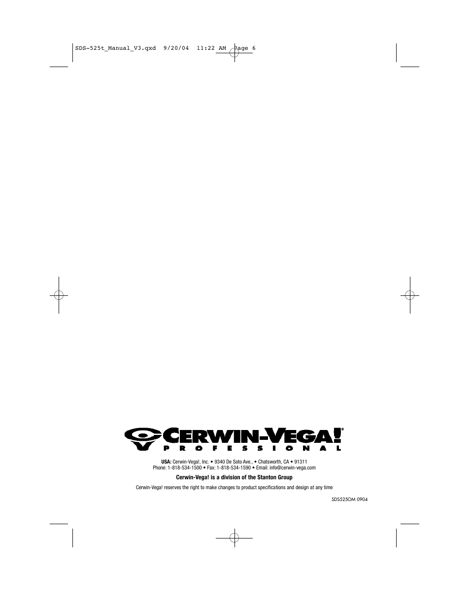 Cerwin-Vega SDS-525 Manual User Manual | Page 6 / 6
