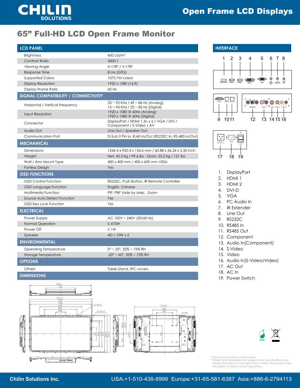 Open frame lcd displays, 65” full-hd lcd open frame monitor | Chilin INF65ABHa User Manual | Page 2 / 2