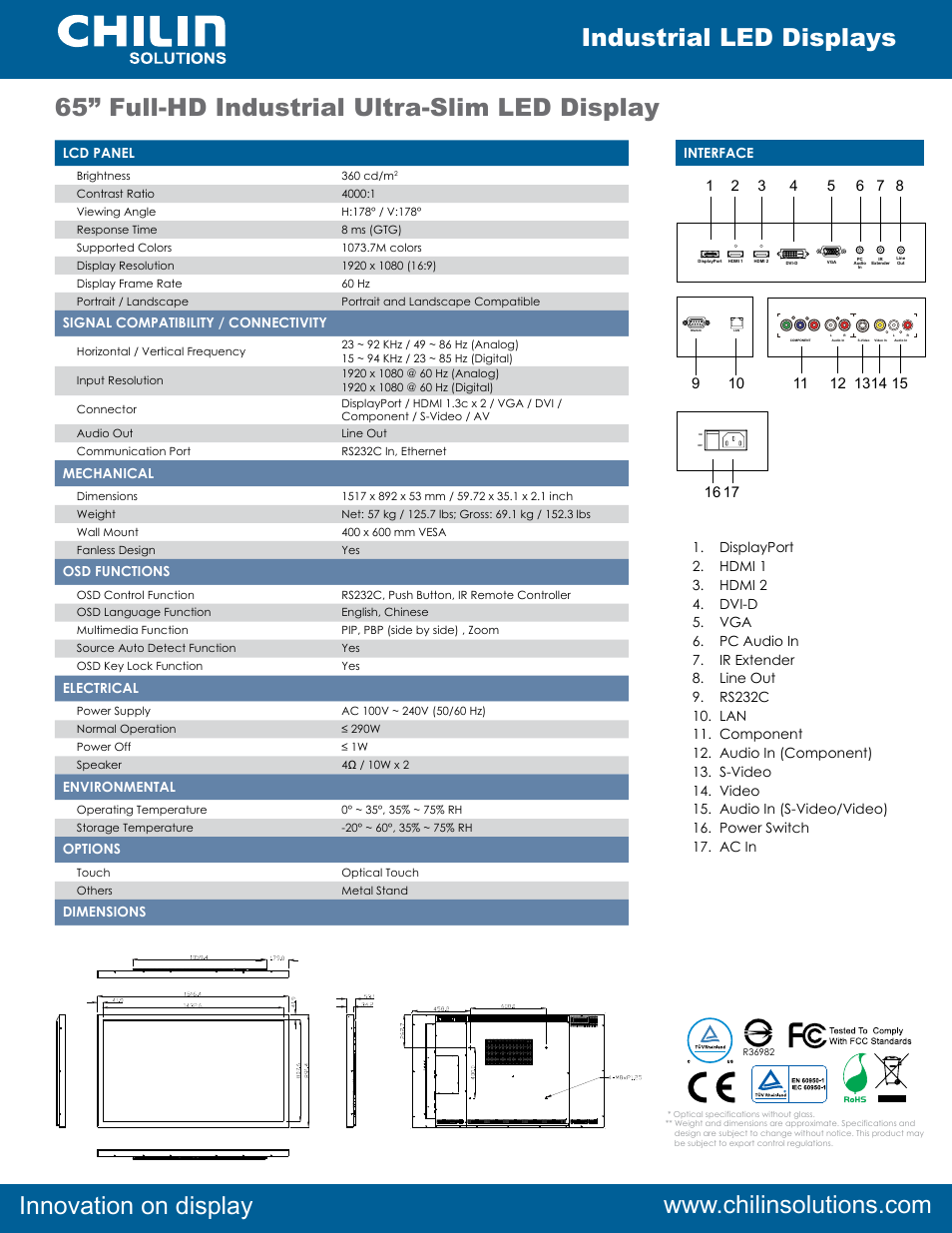 65” full-hd industrial ultra-slim led display | Chilin SLX65LBHa User Manual | Page 2 / 2