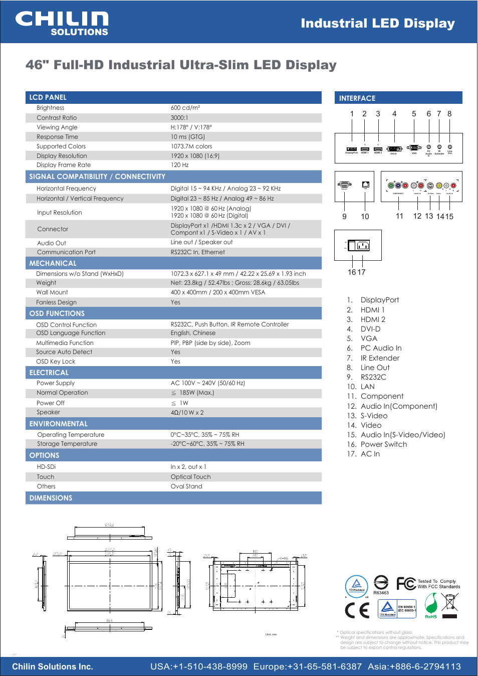 Industrial led display, 46" full-hd industrial ultra-slim led display | Chilin SLX46LBHa User Manual | Page 2 / 2