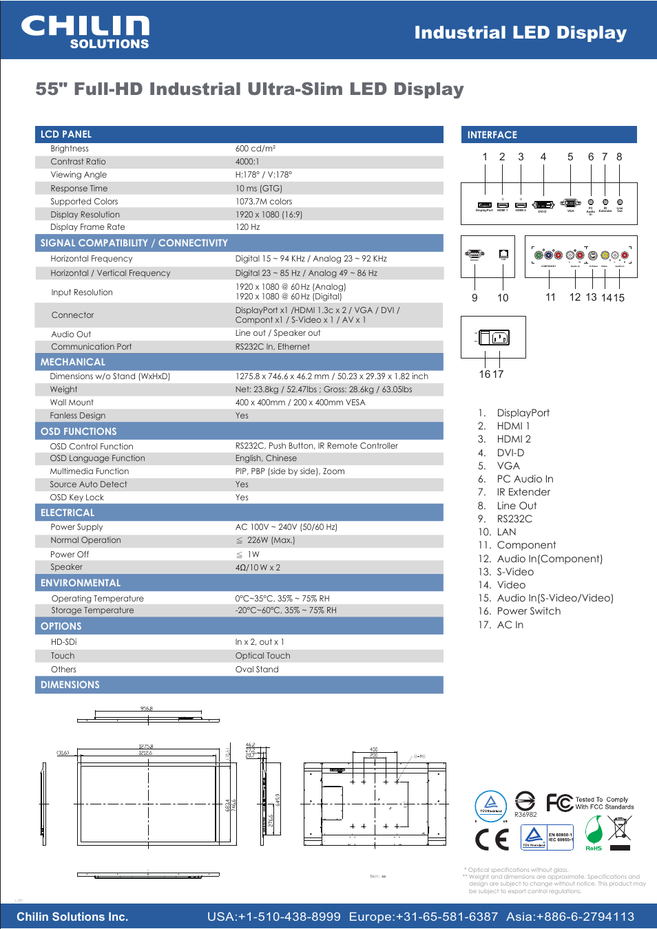 Industrial led display, 55" full-hd industrial ultra-slim led display | Chilin SLX55LBHa User Manual | Page 2 / 2