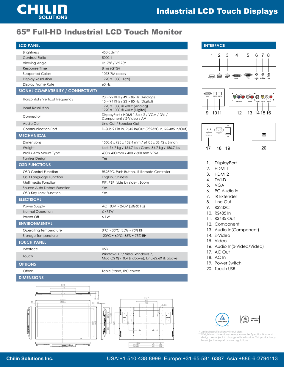 Industrial lcd touch displays, 65” full-hd industrial lcd touch monitor | Chilin INT65ABHa User Manual | Page 2 / 2