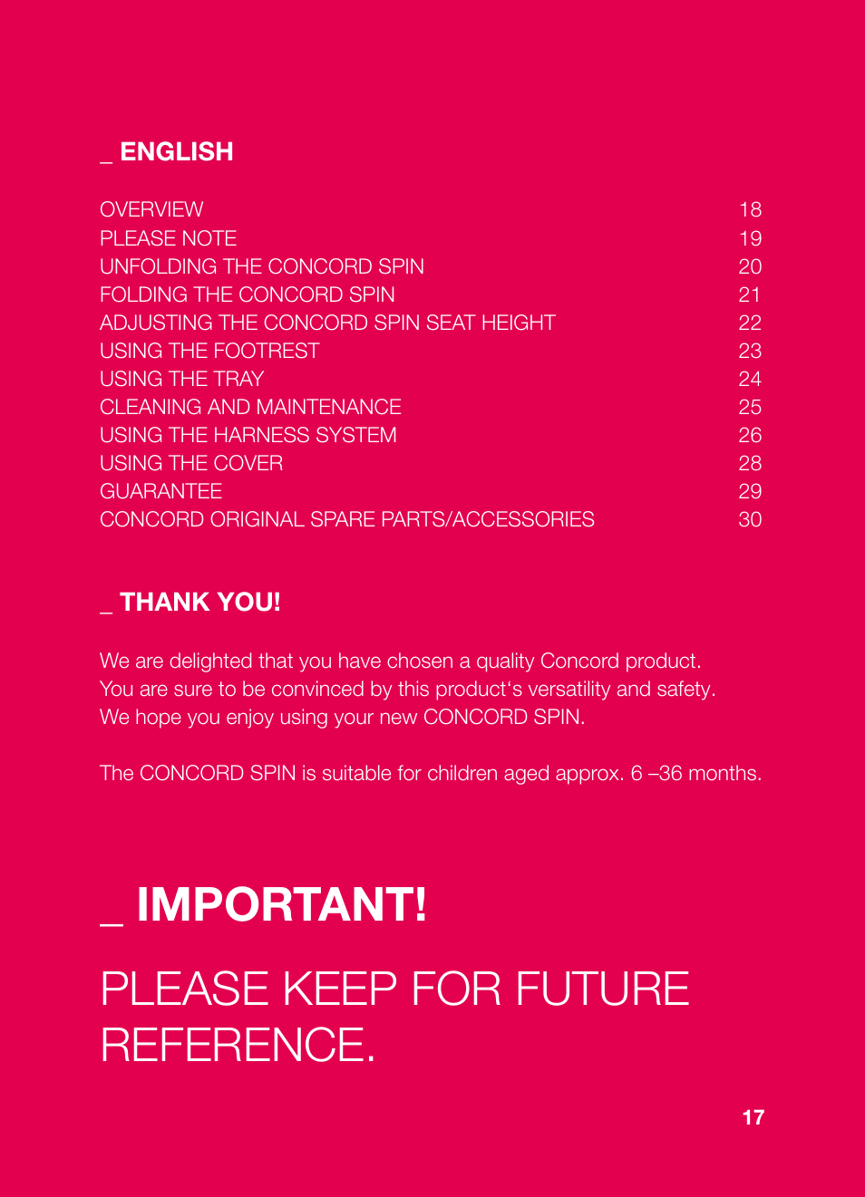 Important! please keep for future reference | Concord SPIN INSTRUCTION MANUAL User Manual | Page 3 / 11