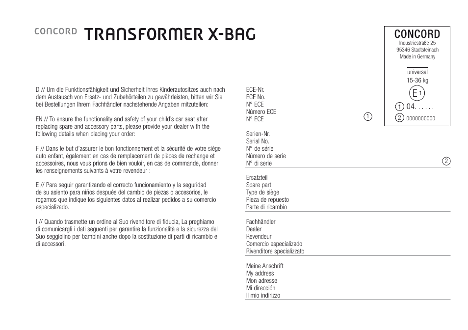 Concord | Concord TRANSFORMER X-BAG INSTRUCTION MANUAL User Manual | Page 15 / 17