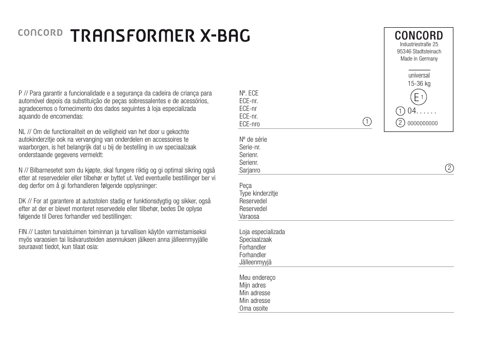 Concord | Concord TRANSFORMER X-BAG INSTRUCTION MANUAL User Manual | Page 16 / 17