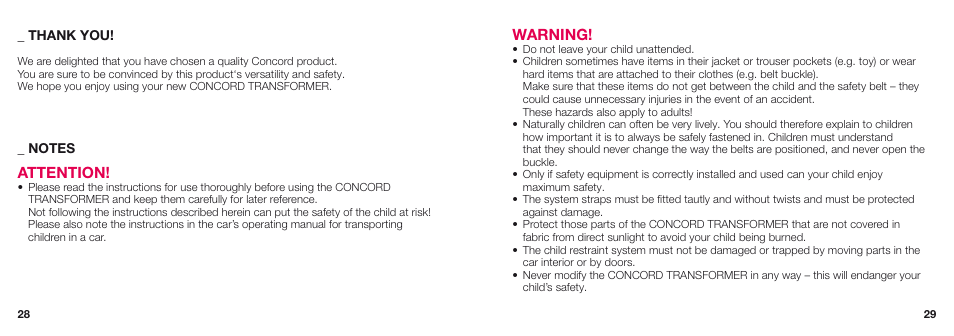 Warning, Attention | Concord TRANSFORMER X-BAG INSTRUCTION MANUAL User Manual | Page 5 / 17