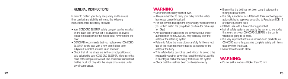 Warning | Concord SLEEPER 2.0 INSTRUCTION MANUAL User Manual | Page 5 / 14