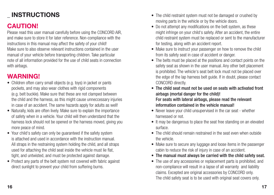Instructions, Caution, Warning | Concord AIR INSTRUCTION MANUAL User Manual | Page 4 / 13