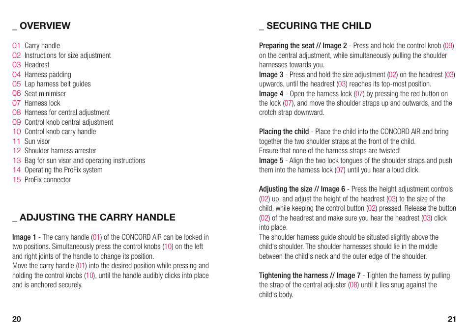 Overview, Adjusting the carry handle _ securing the child | Concord AIR INSTRUCTION MANUAL User Manual | Page 6 / 13