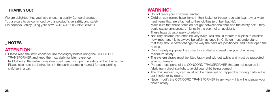 Warning, Attention | Concord TRANSFORMER XT INSTRUCTION MANUAL User Manual | Page 5 / 16